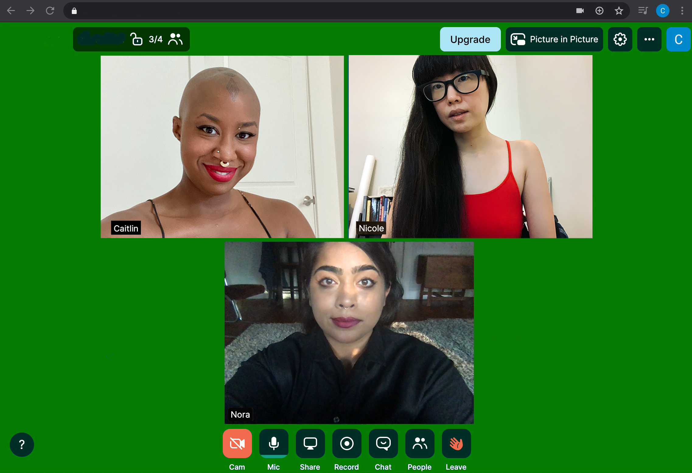 Screenshot of Caitlin Cherry, Nora Khan, and Nicole Maloof in a video conference